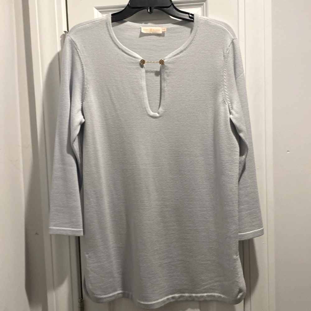 Tori Burch Tunic Sweater With Gold Chain, Baby Blue, Size M